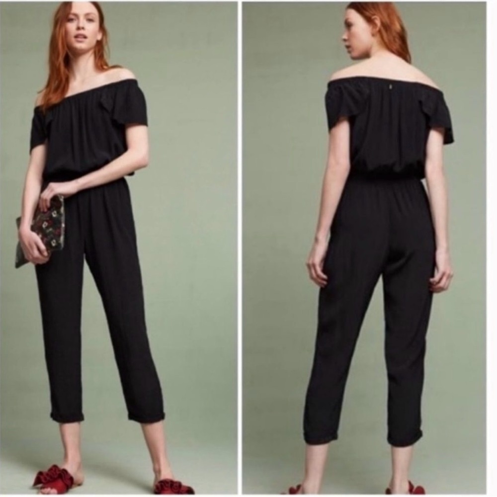 Beachgold lightweight black jumpsuit with flutter off the shoulder sleeve